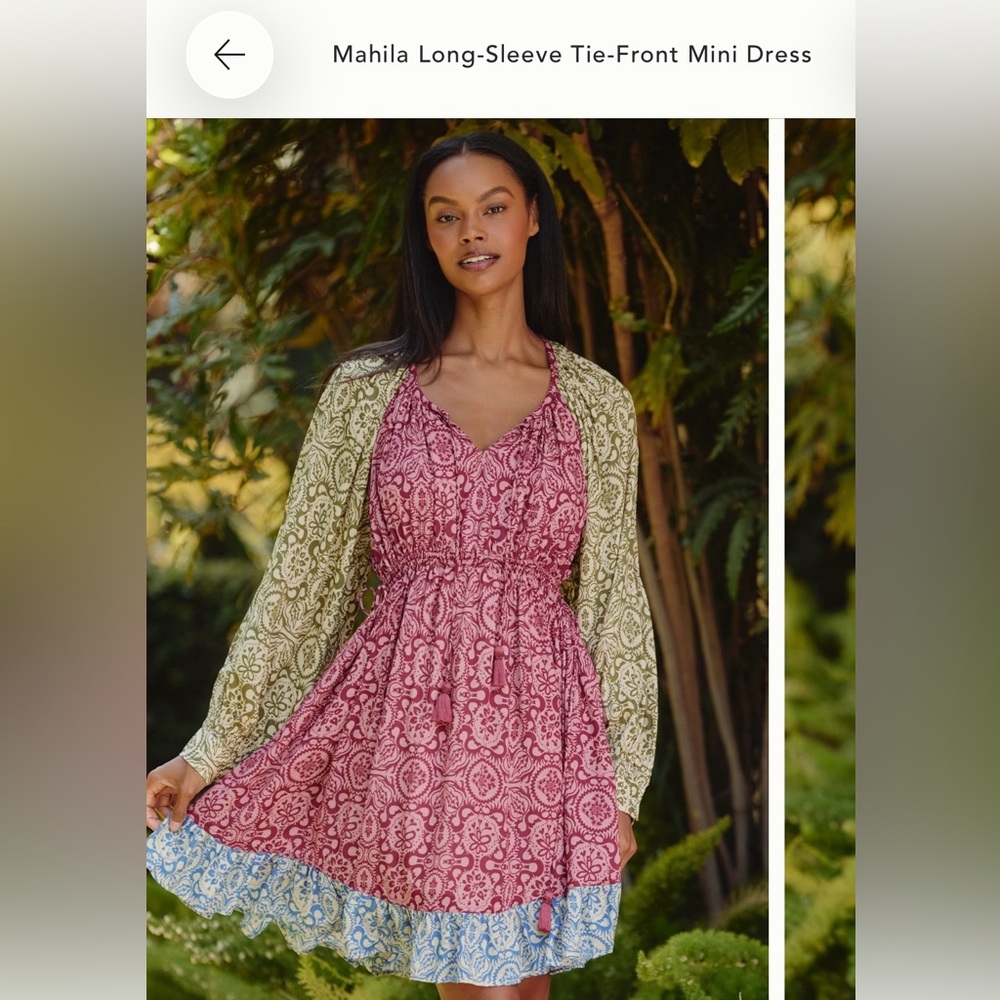 Anthro Mahila Long Sleeve Tie Front Mini Dress